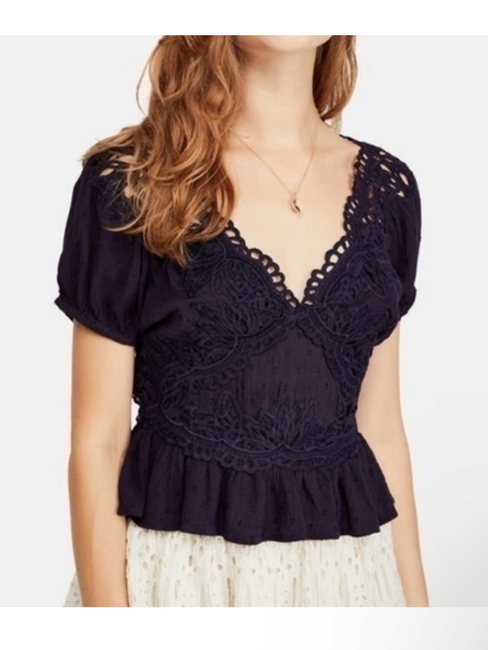NWOT Free People Navy Lace Puff Sleeve Top